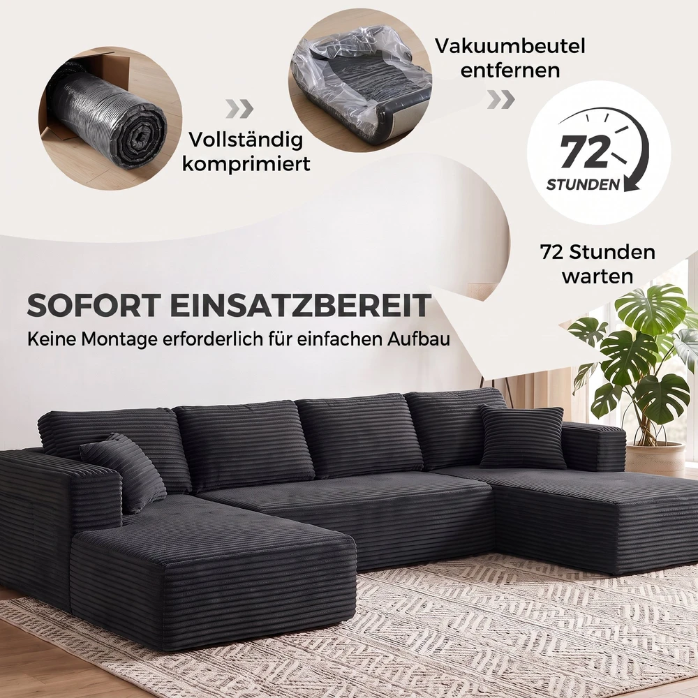 Sofa-lova, modulinė U formos, tamsiai pilka, 369 × 152 × 78 cm