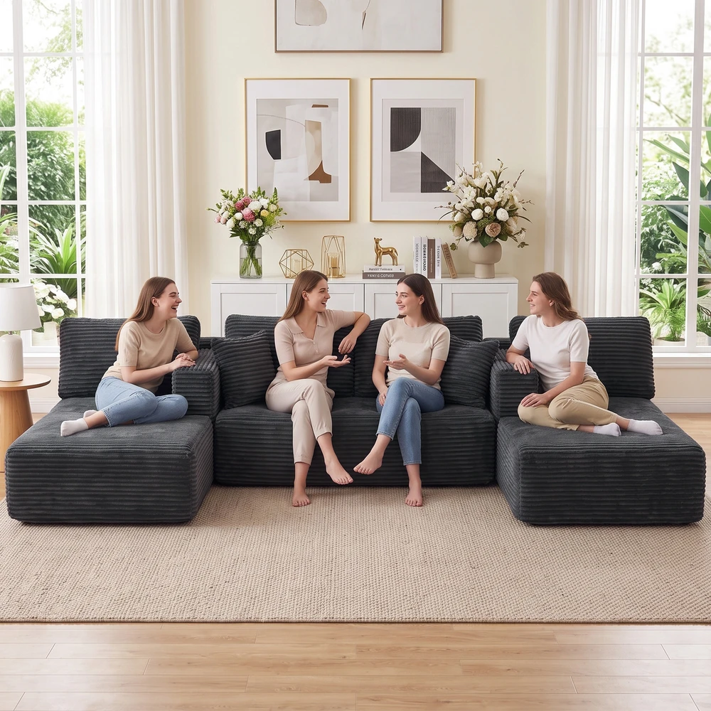 Sofa-lova, modulinė U formos, tamsiai pilka, 369 × 152 × 78 cm