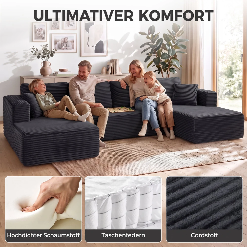 Sofa-lova, modulinė U formos, tamsiai pilka, 369 × 152 × 78 cm