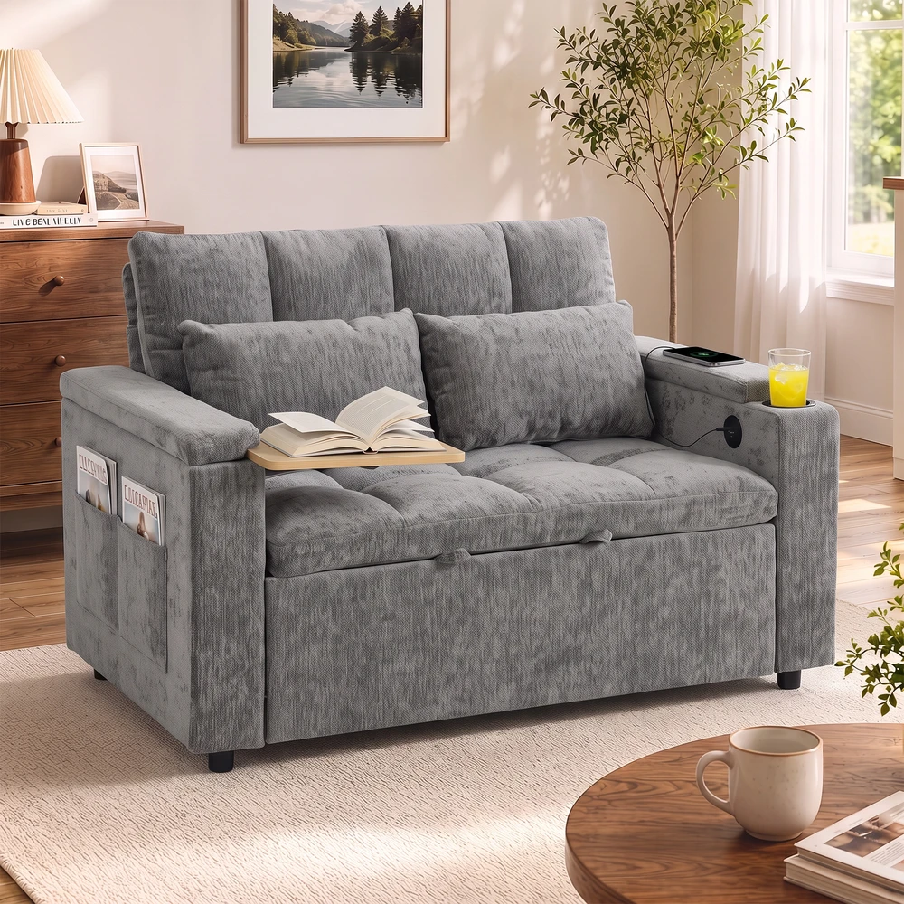 Sofa-lova su 5 padėčių atlošu ir USB jungtimi, pilka, 137 x 91 x 95 cm