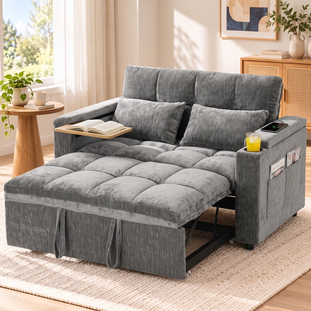 Sofa-lova su 5 padėčių atlošu ir USB jungtimi, pilka, 137 x 91 x 95 cm