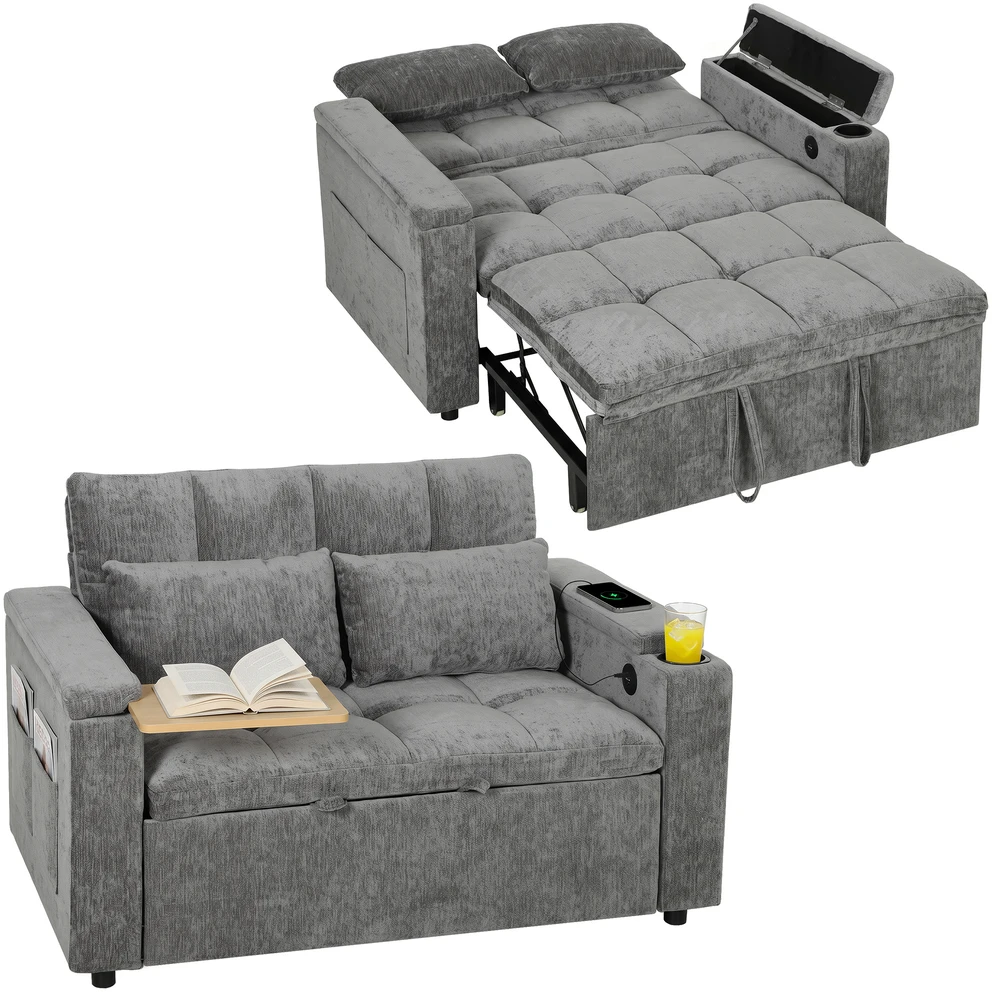 Sofa-lova su 5 padėčių atlošu ir USB jungtimi, pilka, 137 x 91 x 95 cm