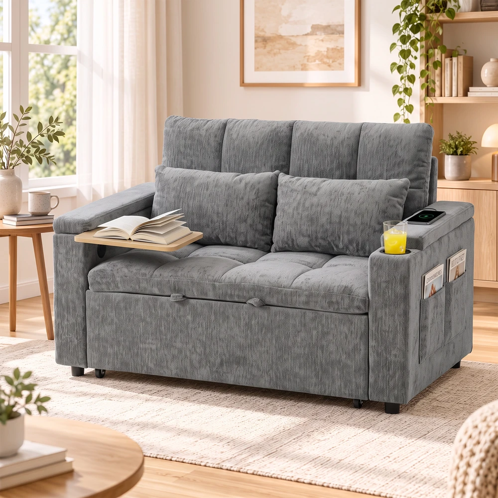 Sofa-lova su 5 padėčių atlošu ir USB jungtimi, pilka, 137 x 91 x 95 cm