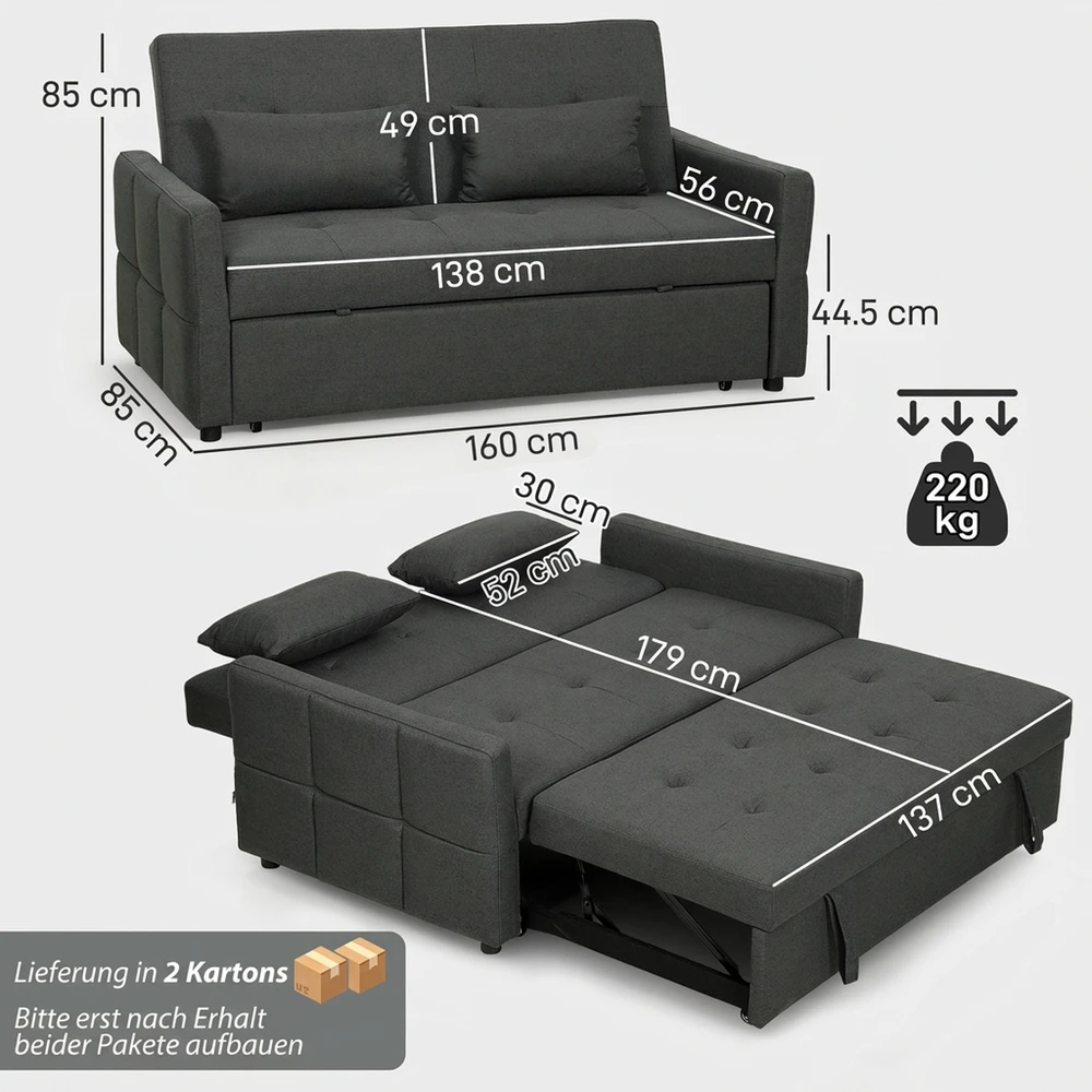 Sofa-lova su ištraukiamu mechanizmu ir reguliuojamu atlošu, tamsiai pilka, 160 x 85 x 85 cm