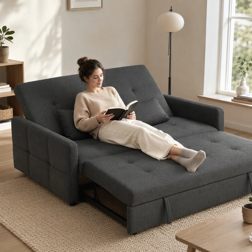 Sofa-lova su ištraukiamu mechanizmu ir reguliuojamu atlošu, tamsiai pilka, 160 x 85 x 85 cm