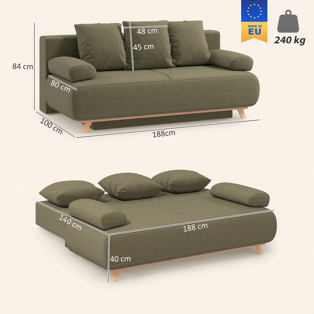 Sofa-lova su patalynės dėže ir „Nosag“ spyruoklėmis, tamsiai žalia, 188 × 100 × 84 cm