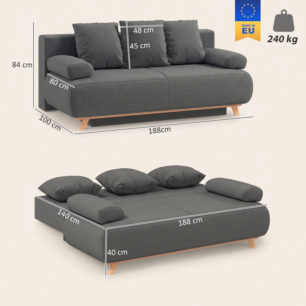 Sofa-lova su patalynės dėže ir velveto apmušalu, pilka, 188 × 100 × 84 cm