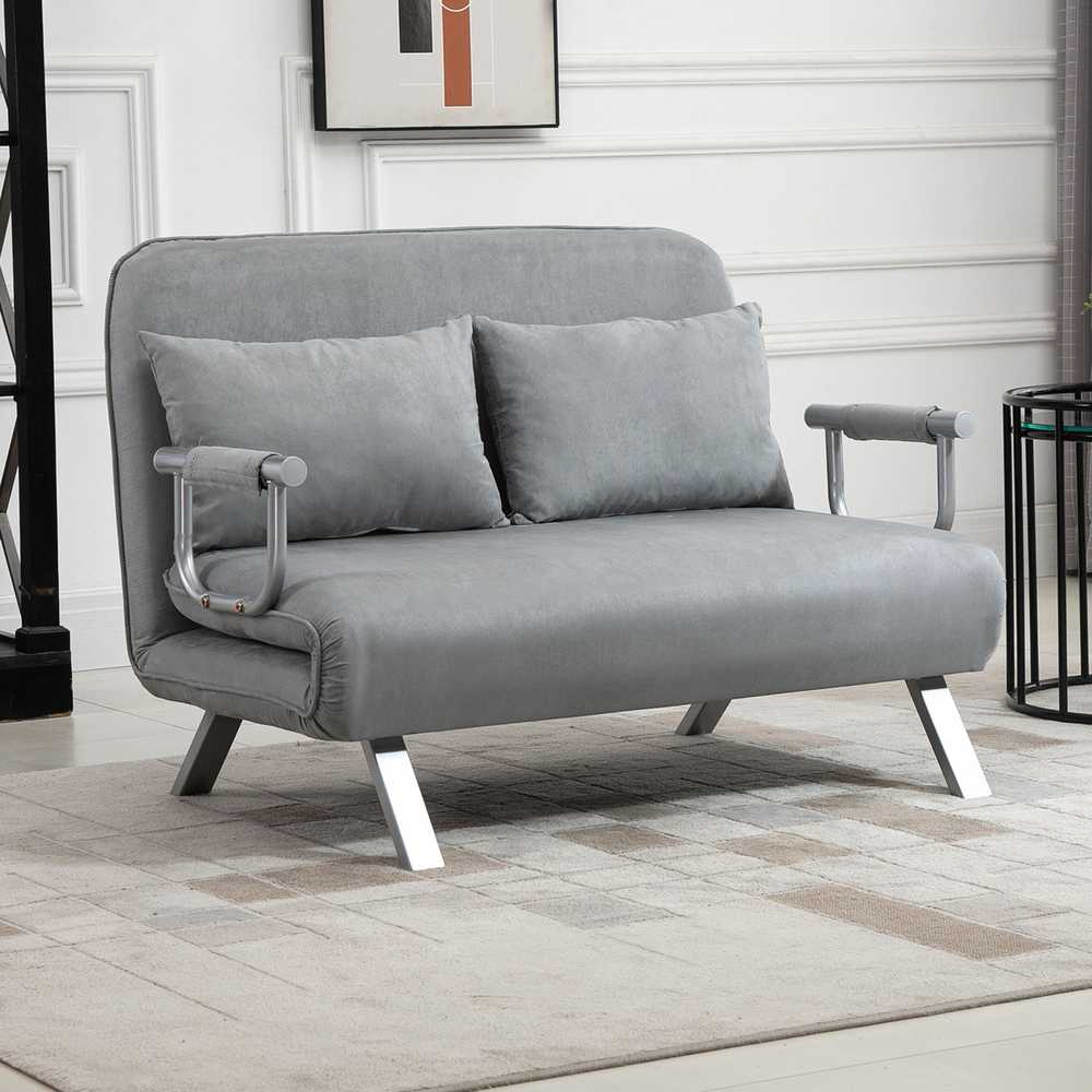 HOMCOM dvivietė sofa-lova su miegojimo funkcija ir pagalve, reguliuojama sofa, iki 150 kg, šviesiai pilka