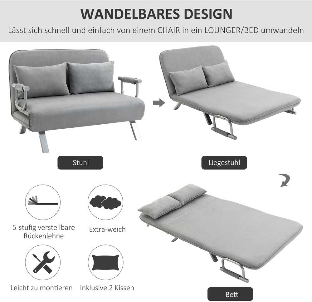 HOMCOM dvivietė sofa-lova su miegojimo funkcija ir pagalve, reguliuojama sofa, iki 150 kg, šviesiai pilka