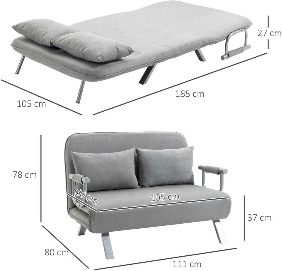 HOMCOM dvivietė sofa-lova su miegojimo funkcija ir pagalve, reguliuojama sofa, iki 150 kg, šviesiai pilka