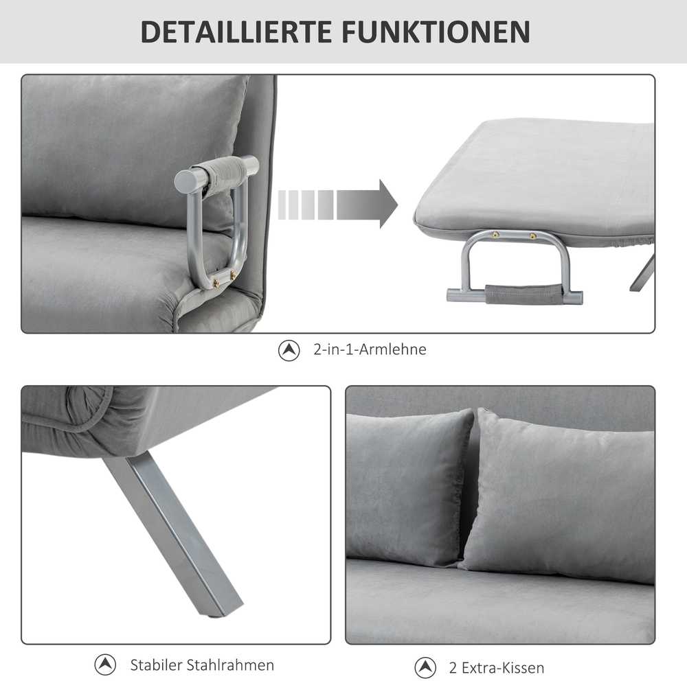 HOMCOM dvivietė sofa-lova su miegojimo funkcija ir pagalve, reguliuojama sofa, iki 150 kg, šviesiai pilka