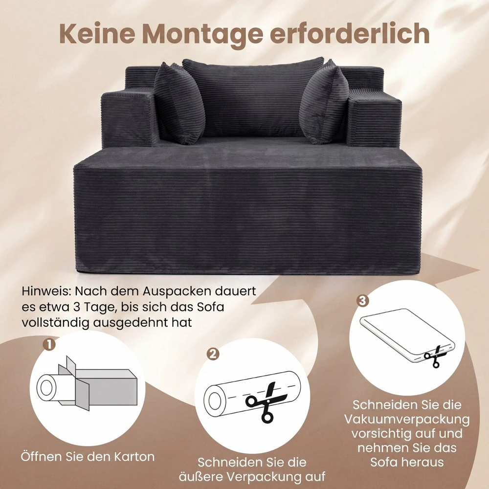 Sofa su pufu ir 3 pagalvėlėmis, pilkai balta, 127 × 91 × 69 cm