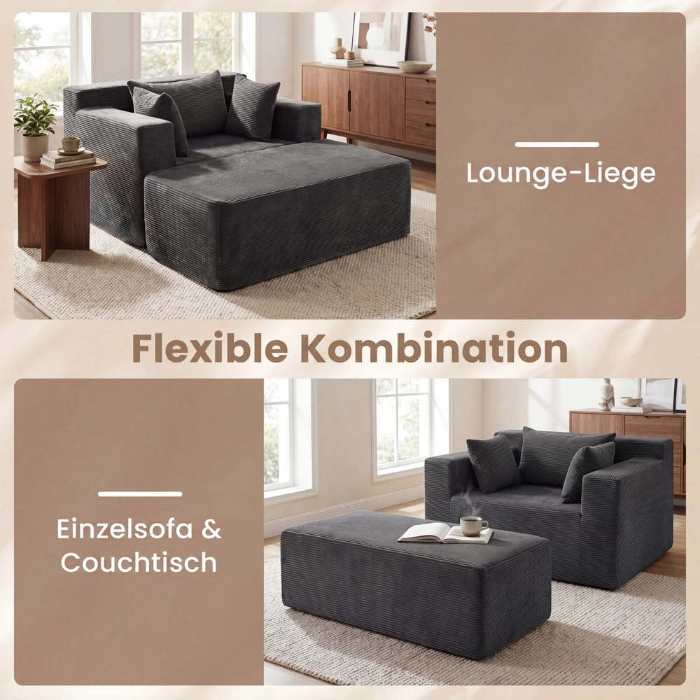 Sofa su pufu ir 3 pagalvėlėmis, pilkai balta, 127 × 91 × 69 cm