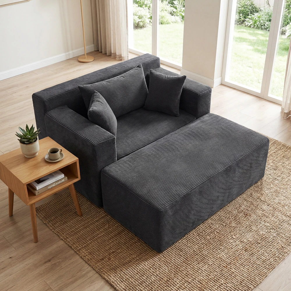 Sofa su pufu ir 3 pagalvėlėmis, pilkai balta, 127 × 91 × 69 cm