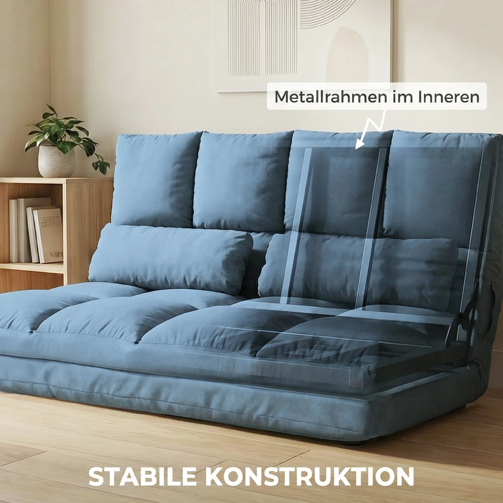 Sofa HOMCOM grindų kėdė 2in1 grindų fotelis sulankstomas lovos atlošas 3 padėtys reguliuojama sėdynės pagalvėlė aksomas plienas mėlyna 102x73x60cm