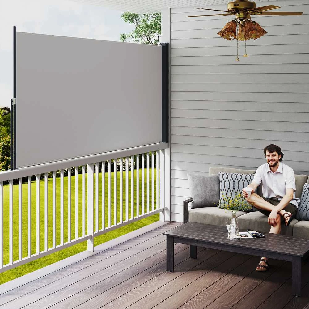 Outsunny ištraukiama šoninė markizė, 300 x 140 cm sodo markizė, apsauginė sienelė su UV apsauga, apsauga nuo vėjo, metalas, poliesteris, šviesiai pilka