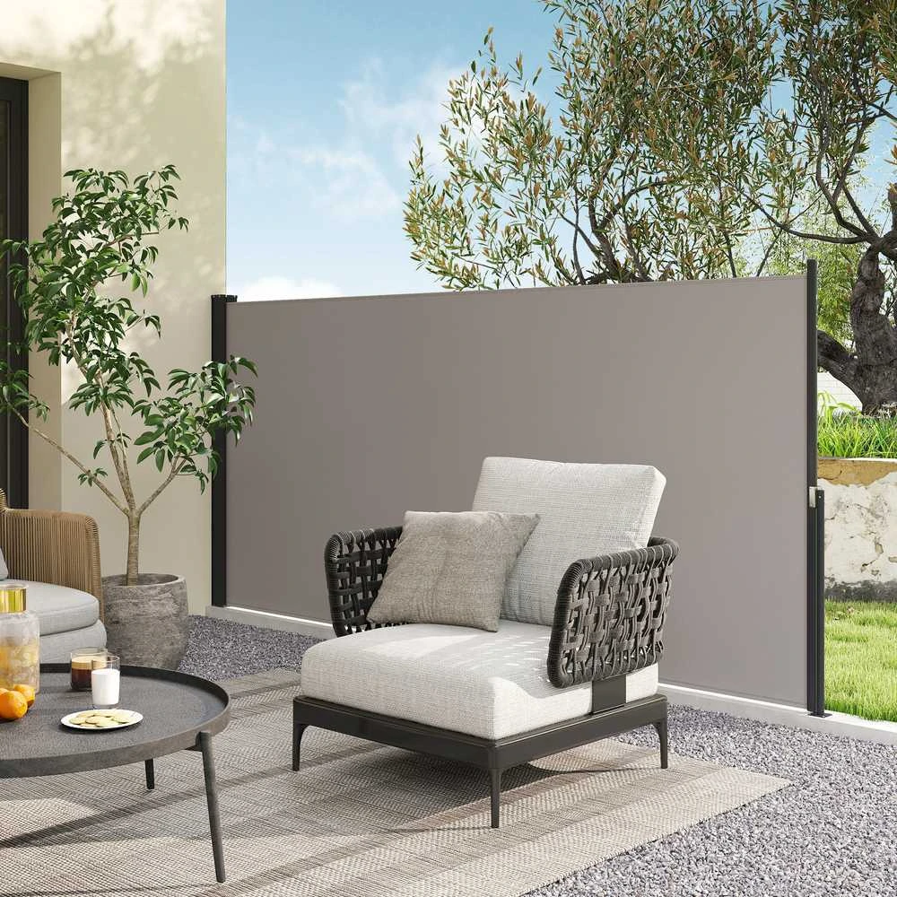 Outsunny ištraukiama šoninė markizė, 300 x 140 cm sodo markizė, apsauginė sienelė su UV apsauga, apsauga nuo vėjo, metalas, poliesteris, šviesiai pilka