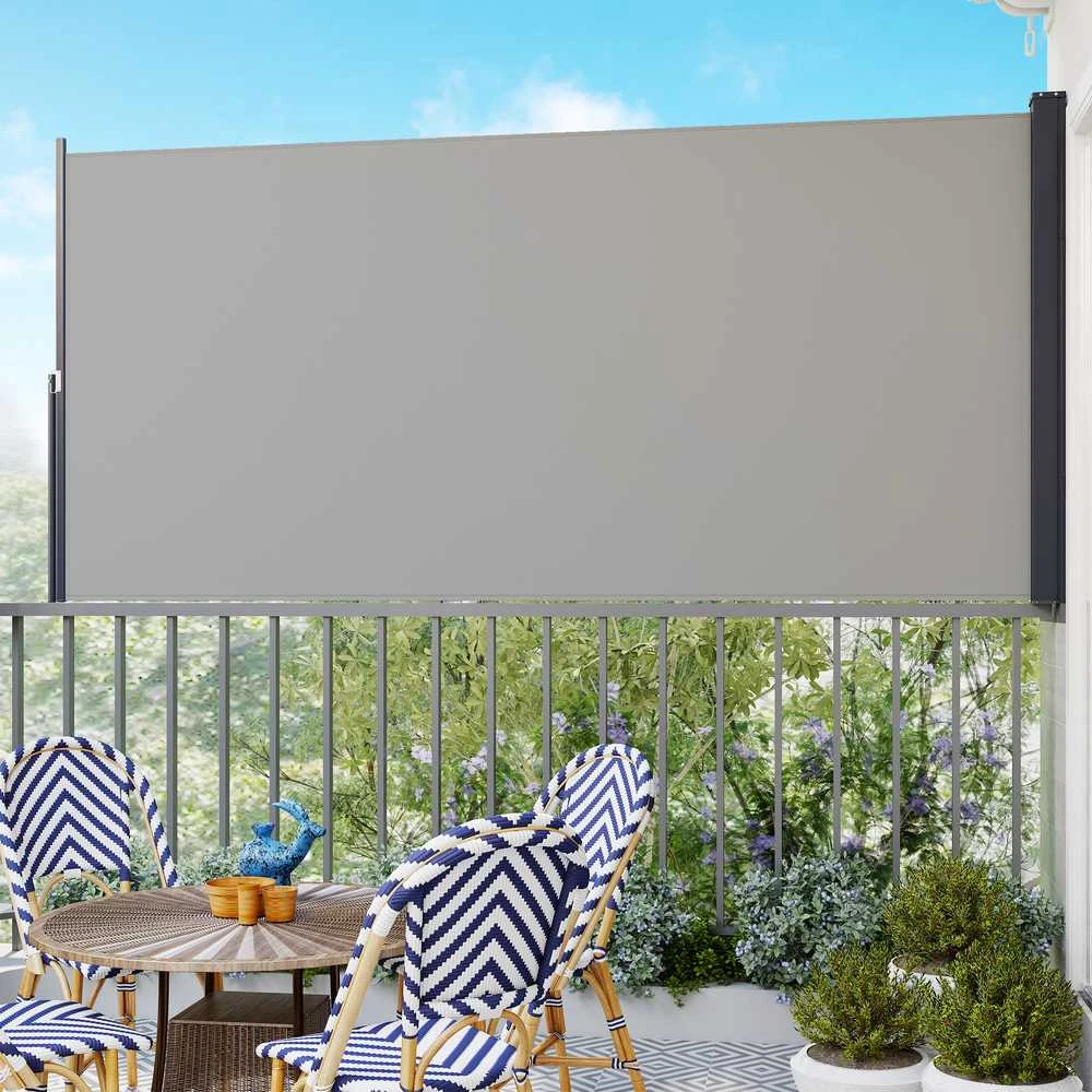 Outsunny ištraukiama šoninė markizė, 300 x 140 cm sodo markizė, apsauginė sienelė su UV apsauga, apsauga nuo vėjo, metalas, poliesteris, šviesiai pilka