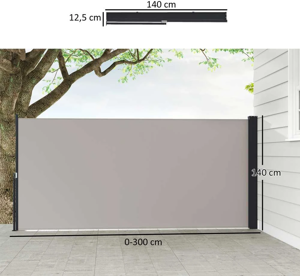 Outsunny ištraukiama šoninė markizė, 300 x 140 cm sodo markizė, apsauginė sienelė su UV apsauga, apsauga nuo vėjo, metalas, poliesteris, šviesiai pilka