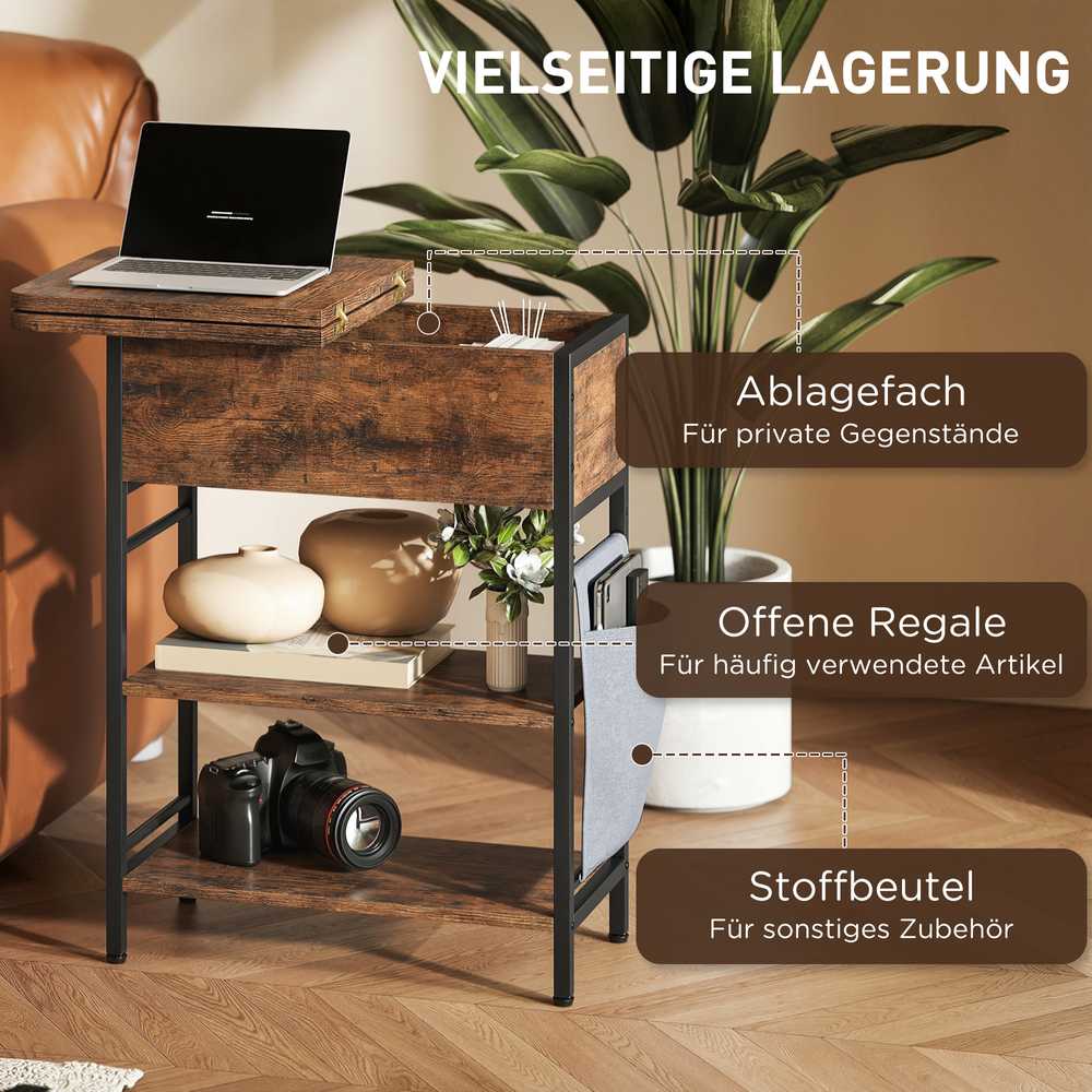 HOMCOM Pagalbinis staliukas Naktinis staliukas su elektros lizdu, 2 lentynomis, USB jungtimis, laikymo vieta 60 x 29,8 x 58,5 cm Ruda