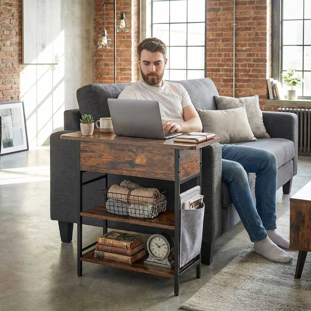 HOMCOM Pagalbinis staliukas Naktinis staliukas su elektros lizdu, 2 lentynomis, USB jungtimis, laikymo vieta 60 x 29,8 x 58,5 cm Ruda