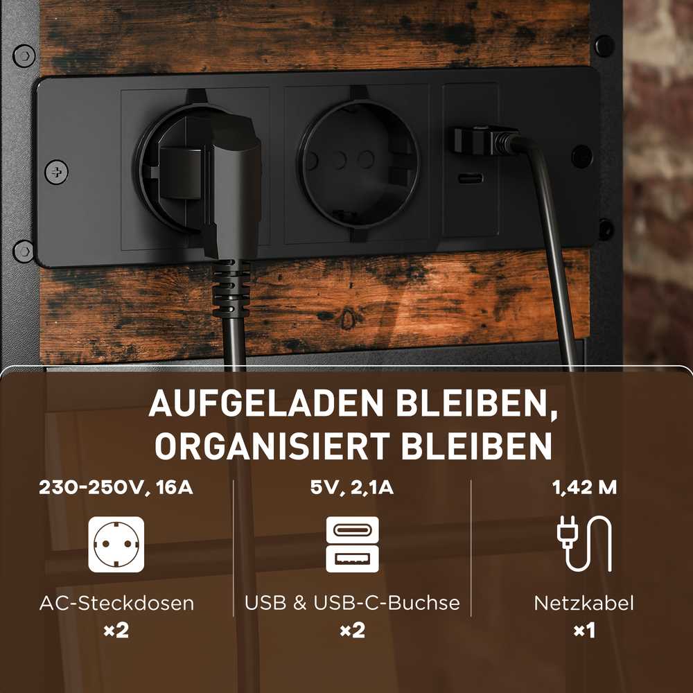 HOMCOM Pagalbinis staliukas Naktinis staliukas su elektros lizdu, 2 lentynomis, USB jungtimis, laikymo vieta 60 x 29,8 x 58,5 cm Ruda
