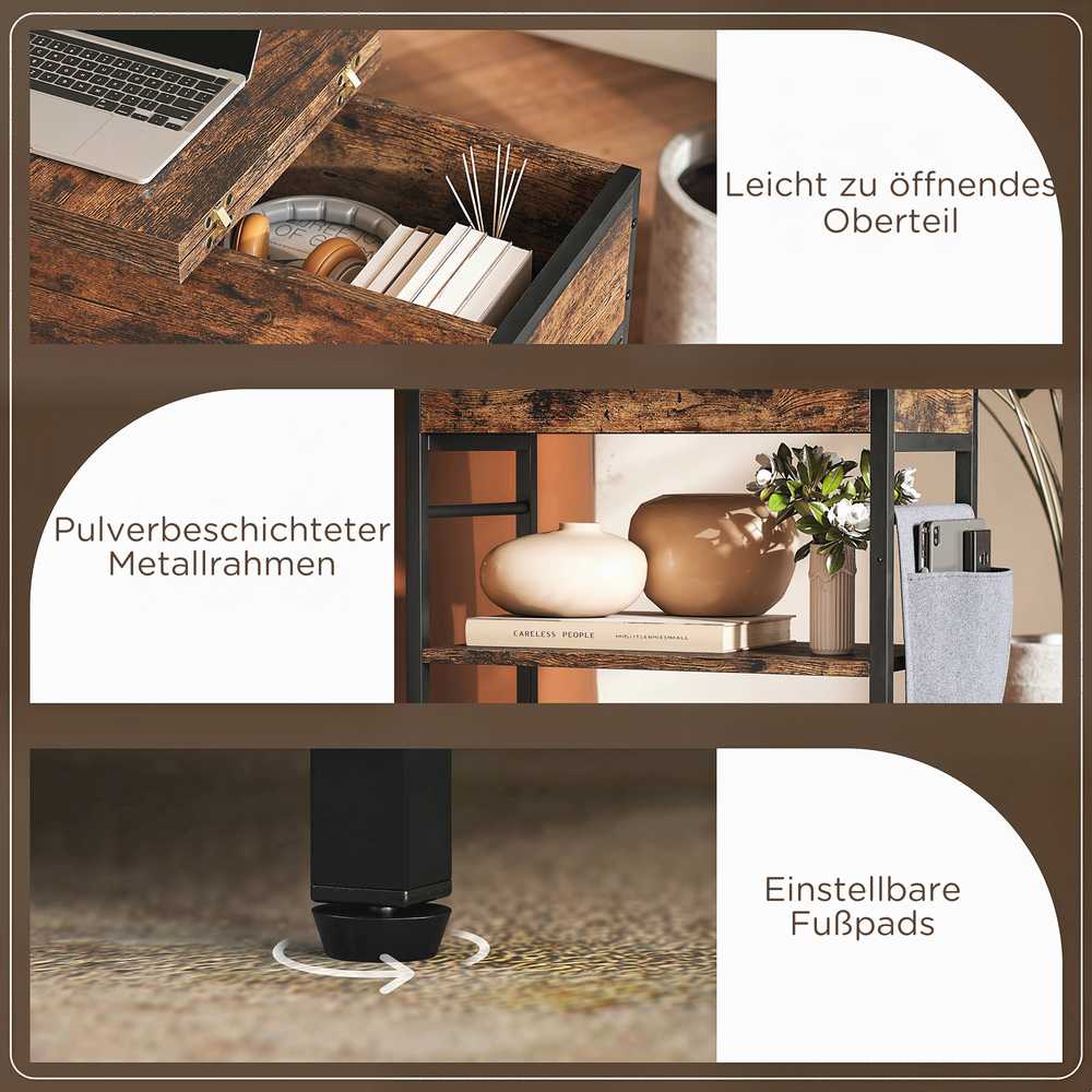 HOMCOM Pagalbinis staliukas Naktinis staliukas su elektros lizdu, 2 lentynomis, USB jungtimis, laikymo vieta 60 x 29,8 x 58,5 cm Ruda
