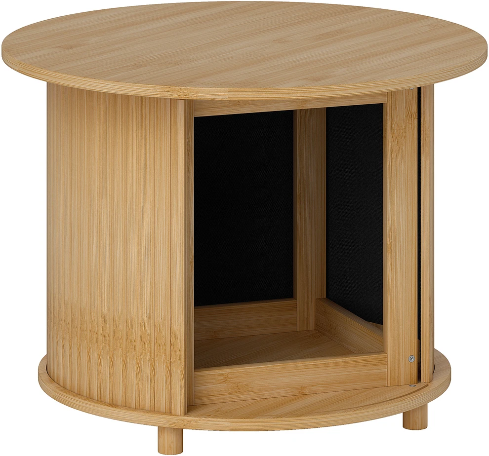 HOMCOM bambukinis kavos staliukas svetainei su paslėpta saugykla ir stumdomomis durelėmis, apvalus modernaus stiliaus šoninis staliukas, natūralios spalvos, Ø60 x 45 cm