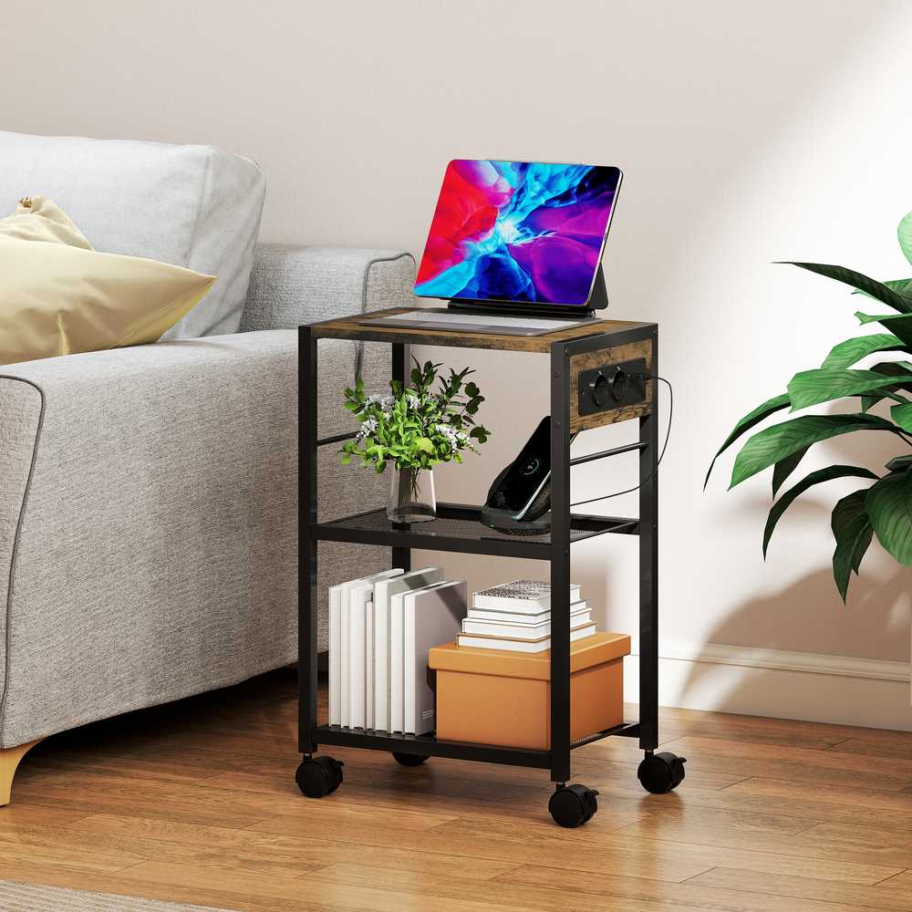 HOMCOM spausdintuvo stovas ant ratukų su elektros lizdais, USB ir USB-C jungtimis iki 40 kg, kaimiškas rudas