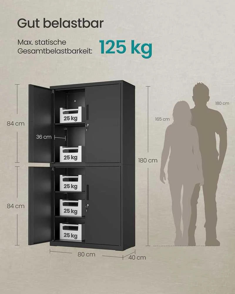 Songmics 4 durų ir 5 lygių 40 x 80 x 180 cm matinės juodos spalvos dokumentų spinta