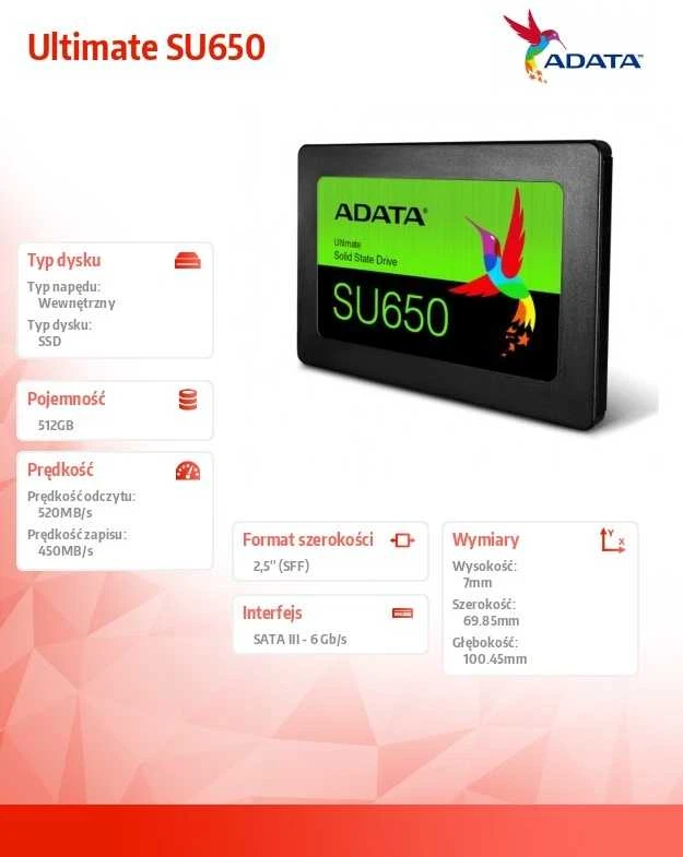 Kietasis diskas  ADATA Ultimate SU650 512 GB, SSD form factor 2.5", SSD sąsaja SATA 6Gb/s, Rašymo greitis 450 MB/s, Skaitymo greitis 520 MB/s