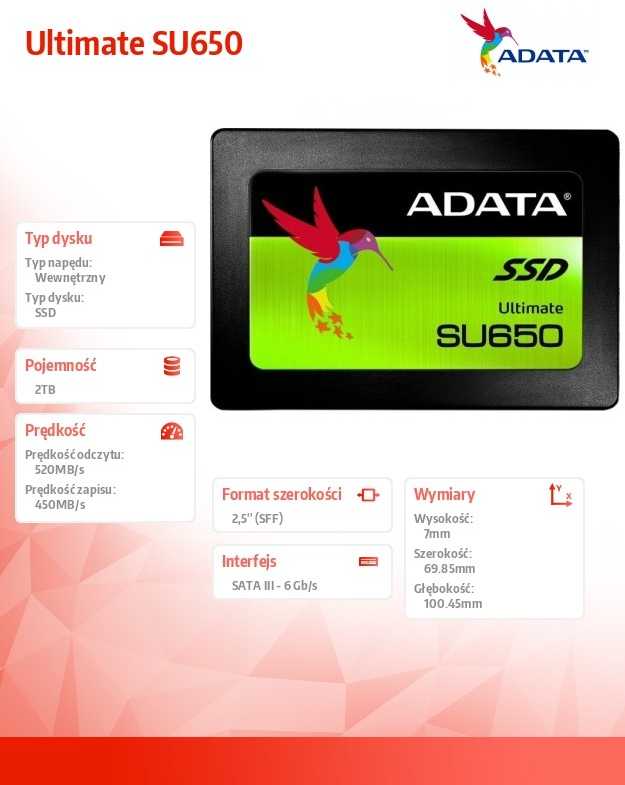 ADATA | Ultimate SU650 | 2000 GB | SSD form factor 2.5" | Solid-state drive sąsaja SATA 6Gb/s | Skaitymo greitis 520 MB/s | Rašymo greitis 450 MB/s