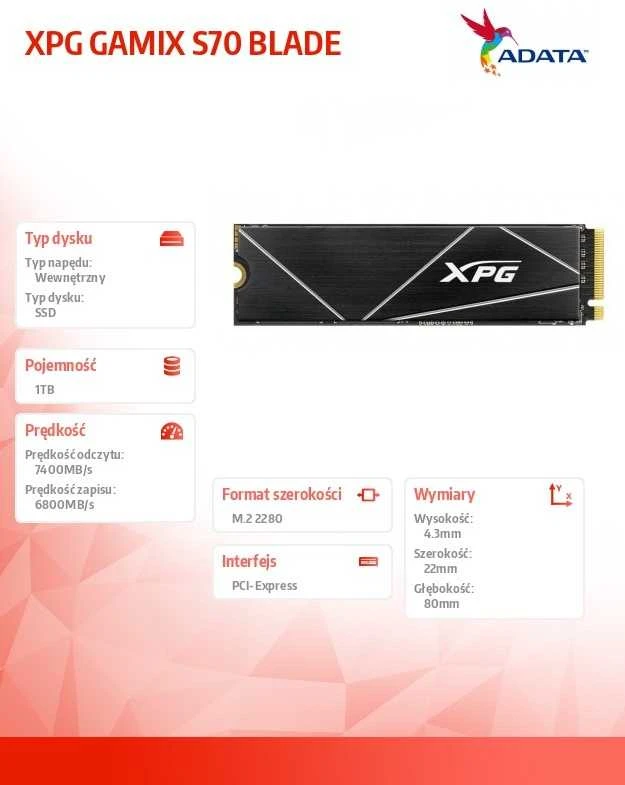 Kietasis diskas Adata XPG Gammix S70 Blade M.2 NVMe PCIe4x4, 1TB