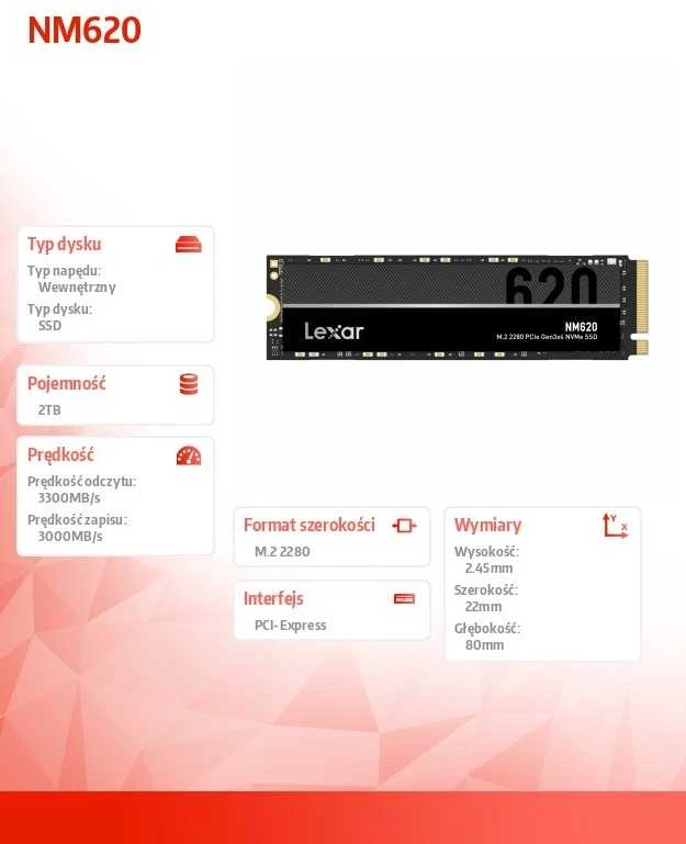Kietasis diskas SSD Lexar NM620 2TB, skaitymo greitis 3300 MB/s, rašymo greitis 3000 MB/s
