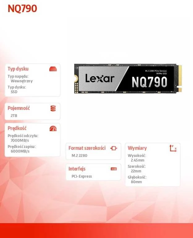 Lexar SSD | NQ790 | 2000 GB | SSD form factor M.2 2280 | Solid-state drive sąsaja PCIe Gen4x4 | Skaitymo greitis 7000 MB/s | Rašymo greitis 6000 MB/s