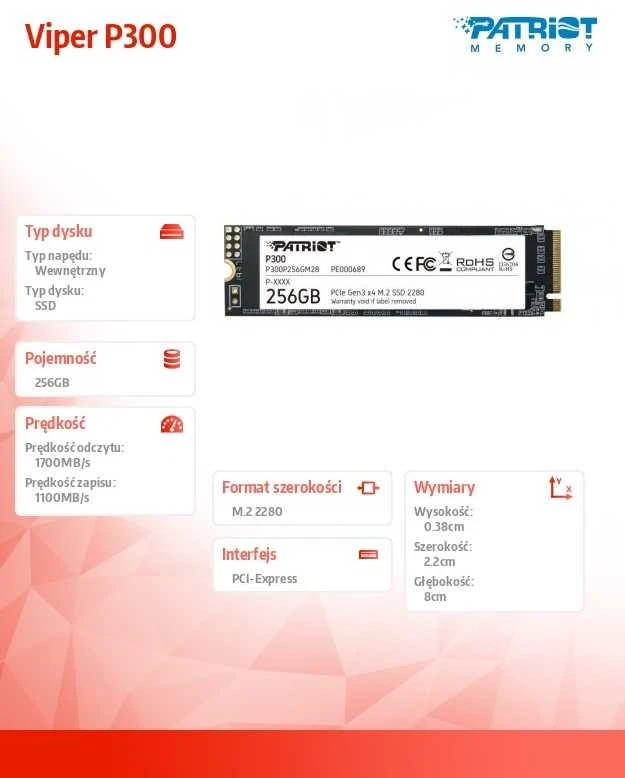 Kietasis vidinis diskas Patriot P300 M.2 PCIe Gen 3 x4 256GB SSD