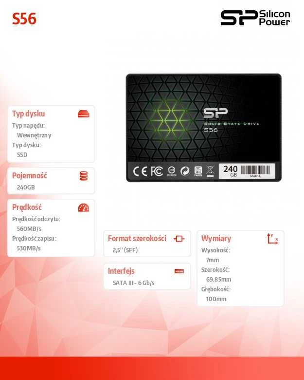 Silicon Power | S56 | 240 GB | SSD form factor 2.5" | Solid-state drive sąsaja SATA | Skaitymo greitis 460 MB/s | Rašymo greitis 450 MB/s