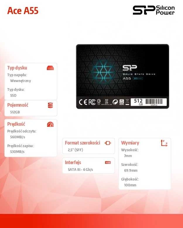 Kietasis diskas Silicon Power Ace A55 512 GB SSD 2.5, SATA III 6GB/s, 560/530 MB/s, 3D NAND
