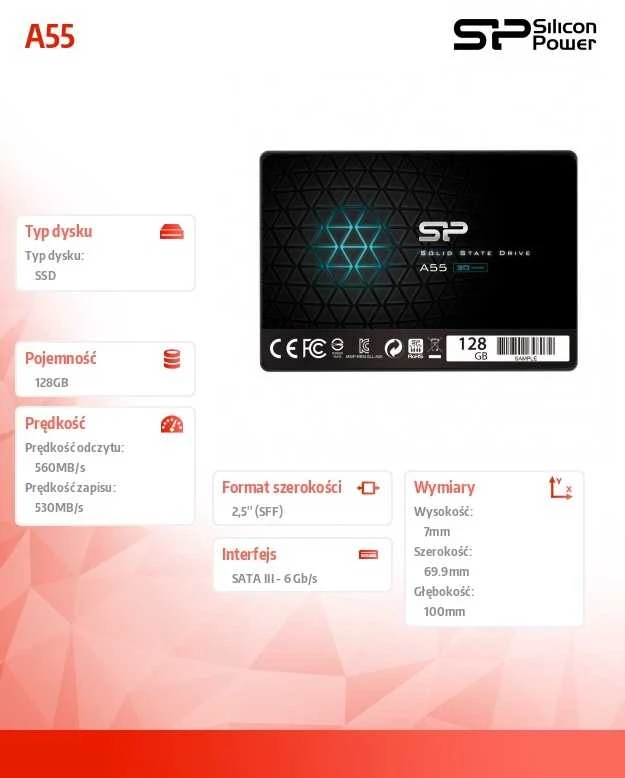 Silicon Power | A55 | 128 GB | SSD form factor 2.5" | Solid-state drive sąsaja SATA | Skaitymo greitis 550 MB/s | Rašymo greitis 420 MB/s