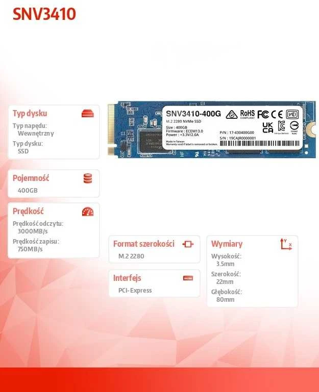 SYNOLOGY SNV3410 400GB M.2 NVMe SSD PCIe 3.0 x4 3000MB/s skaitymas 750MB/s rašymas