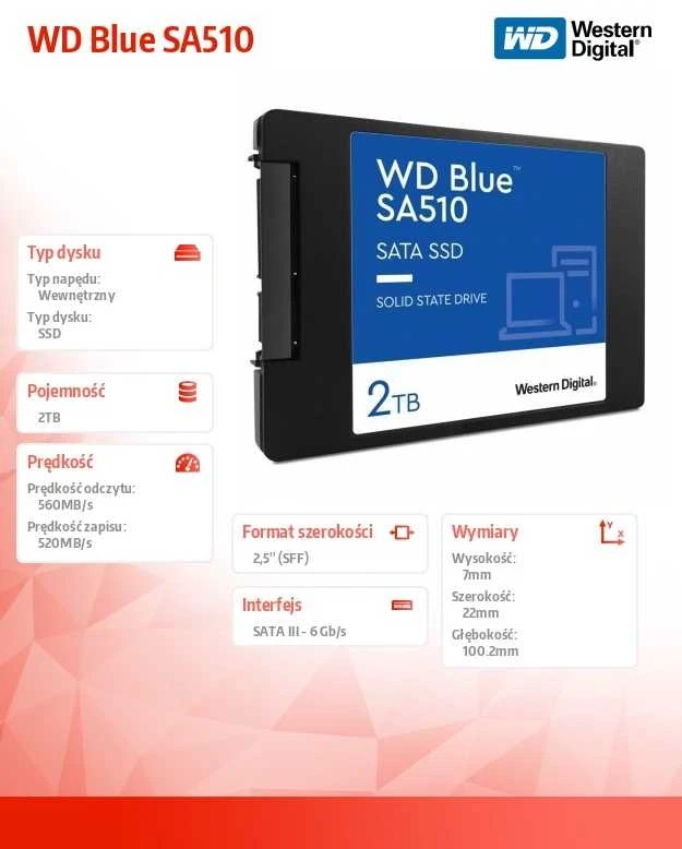 WD Mėlyna SA510 SSD 2TB SATA III 6Gb/s korpusas 2.5" 7mm vidinė po vieną pakuotę, maitinamas „SANDISK“