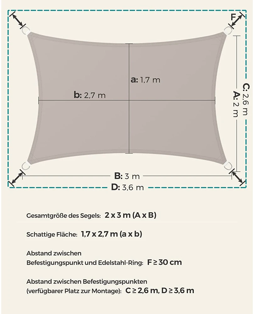 Songmics Stačiakampė saulės burė su PU danga, taupe, 2 x 3 m
