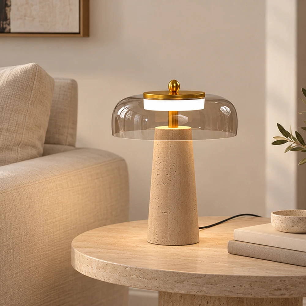 Stalinė LED lempa su travertino pagrindu, gintarinė, 23 × 23 × 31 cm