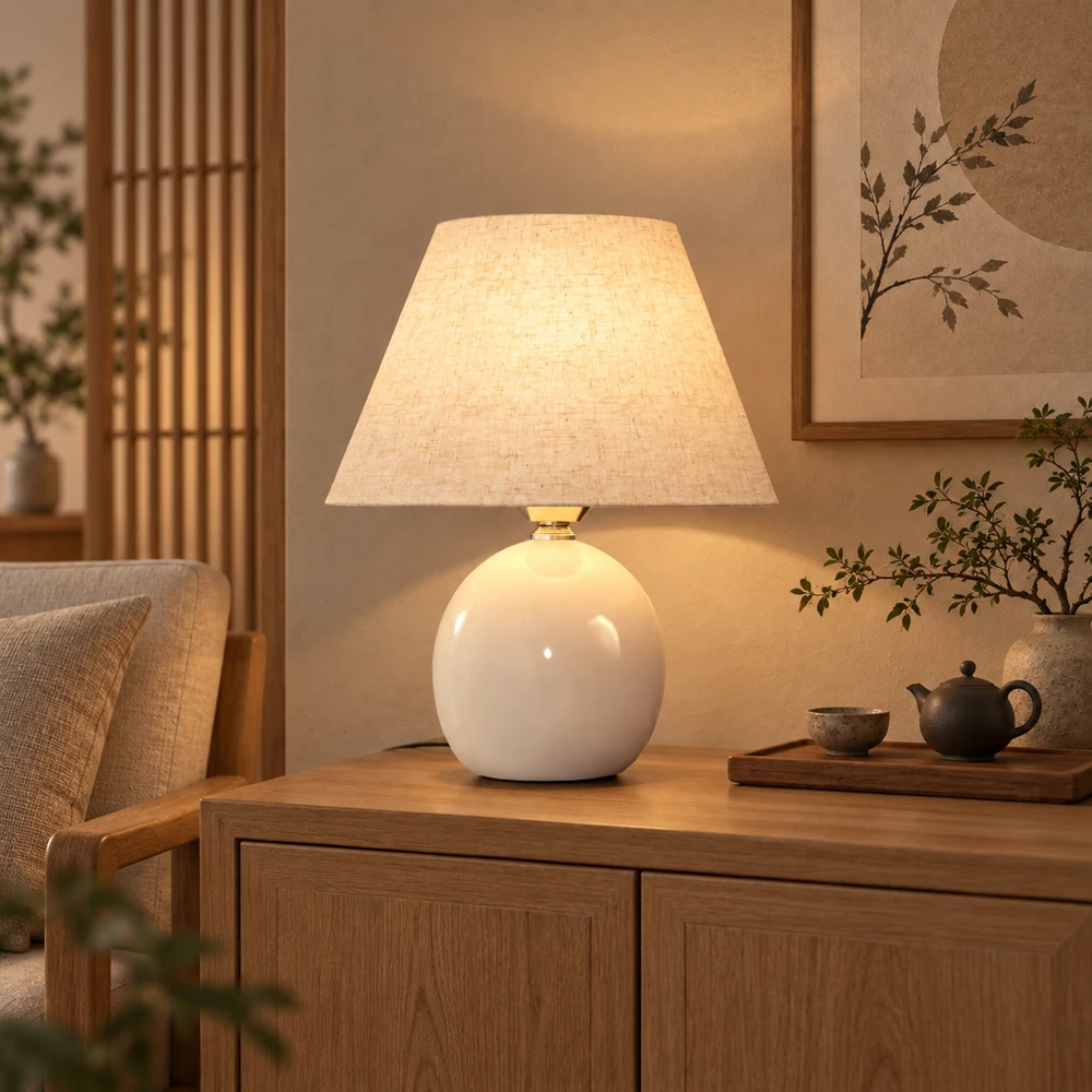 Stalinis šviestuvas su keraminiu pagrindu ir E27 lizdu, kreminės baltos spalvos, 25 × 25 × 27 cm