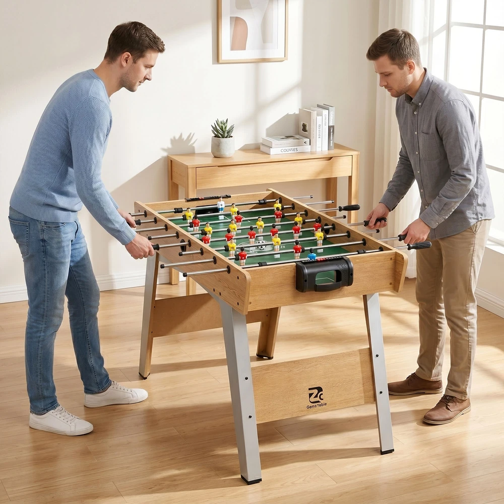 Stalo futbolo stalas su 22 žaidėjais ir 360° strypais, natūralios medienos, žalios ir šviesiai pilkos spalvos, 121 × 87 × 77 cm
