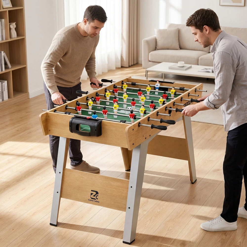Stalo futbolo stalas su 22 žaidėjais ir 360° strypais, natūralios medienos, žalios ir šviesiai pilkos spalvos, 121 × 87 × 77 cm