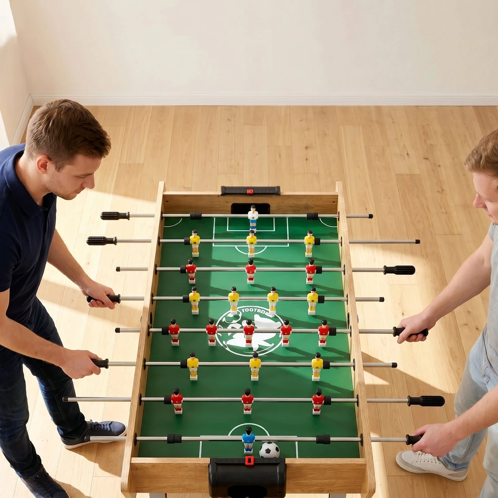Stalo futbolo stalas su 22 žaidėjais ir 360° strypais, natūralios medienos, žalios ir šviesiai pilkos spalvos, 121 × 87 × 77 cm