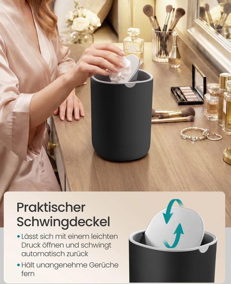 Songmics Stalo šiukšliadėžė su sūpuojamu dangčiu, 1,5 l, juoda, 11,6 × 11,6 × 15,8 cm