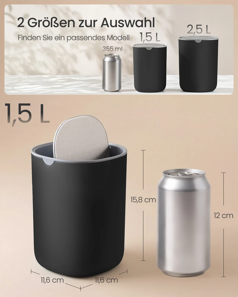 Songmics Stalo šiukšliadėžė su sūpuojamu dangčiu, 1,5 l, juoda, 11,6 × 11,6 × 15,8 cm