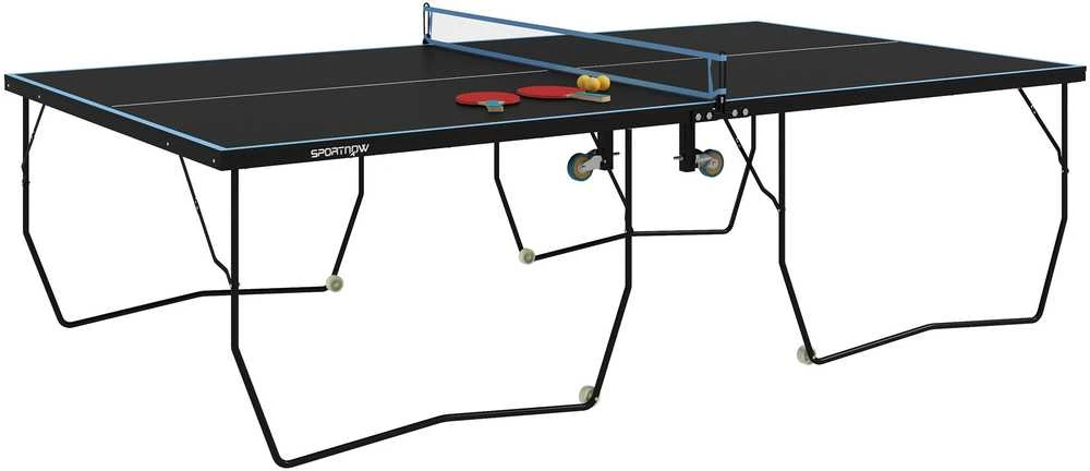 SPORTNOW lauko stalo teniso stalas, sulankstomas stalo teniso stalas su tinkleliu, ratukais, 2 raketėmis ir 3 kamuoliukais, plieno, juodas, 274 x 152,5 x 76 cm